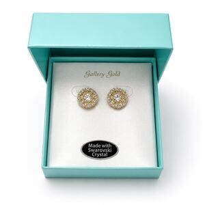 Swarovski Gallery Gold Crystal Stud Earrings Gold Tone NWT Gift Box Round